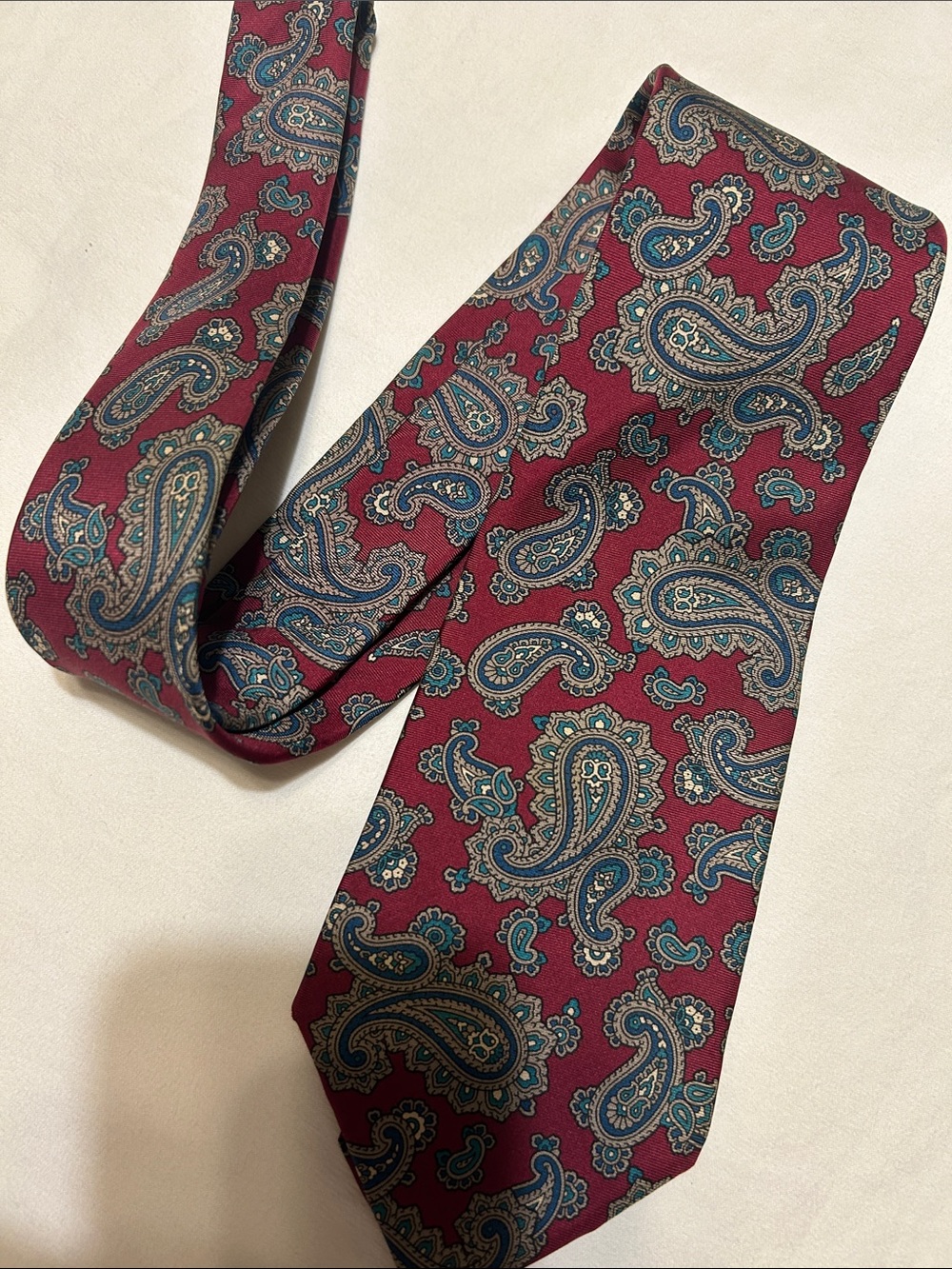 Dior Burgundy Paisley Silk Tie with Teal and Beige Accents